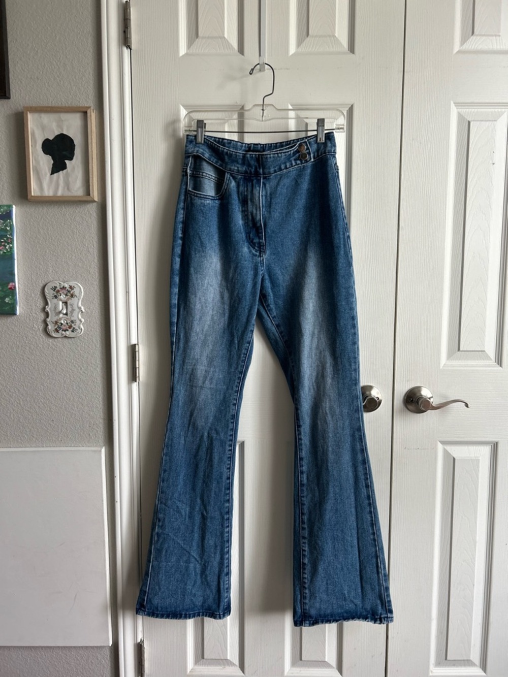 Prettylittlething high rise hip cutout flare leg bue jeans